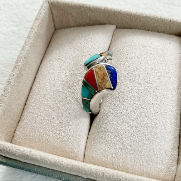 Vintage 90s Southwestern Silver Inlay Ring Turquoise Coral Lapis Missing Stones - Picture 4 of 14